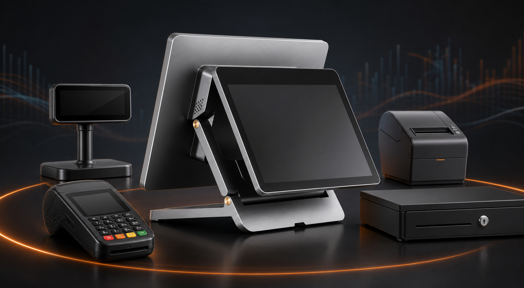 POS register with payment terminal, customer display, receipt printer and cash drawer